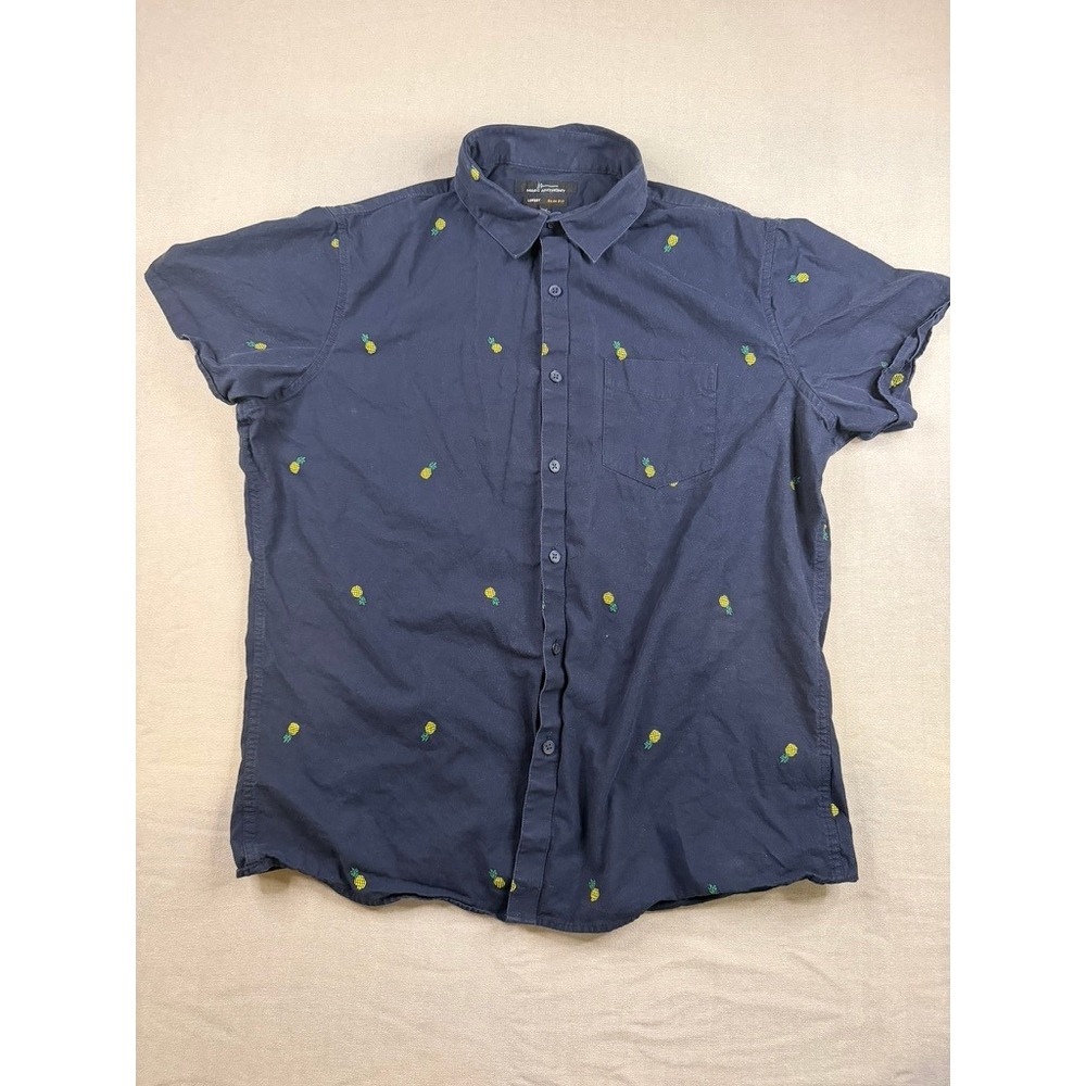 Marc Anthony Mens Navy Blue Pineapple Embroidered Slim Fit Button Down Shirt L
